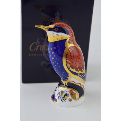 235 - Boxed Royal Crown Derby paperweight, Bee-eater, 10cm high, gold stopper, red printed marks.