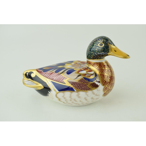 305 - Royal Crown Derby paperweight, Mallard, 15cm long, date code for 1997 (LX), gold stopper and red Roy... 