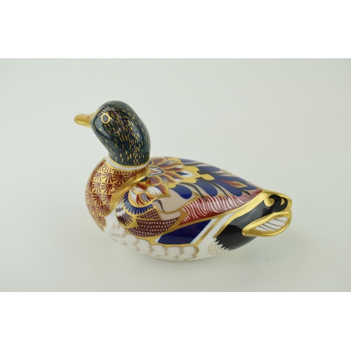 305 - Royal Crown Derby paperweight, Mallard, 15cm long, date code for 1997 (LX), gold stopper and red Roy... 