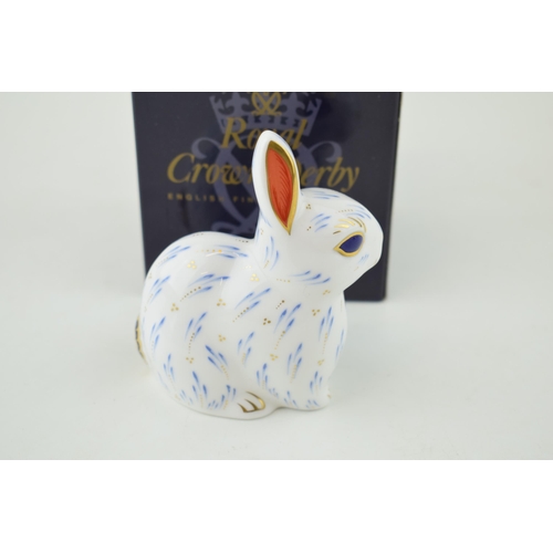 306 - Boxed Royal Crown Derby paperweight, Snowy Rabbit, date code for 2002 (MMII), 21st year special anni... 