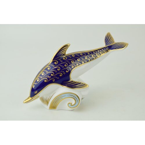 319 - Royal Crown Derby paperweight, Blue Dolphin, 17cm long, red Royal Crown Derby stamp on the base, gol... 