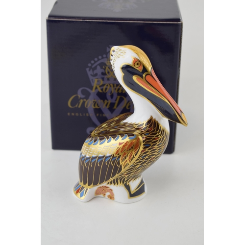 320 - Royal Crown Derby paperweight, Brown Pelican, 13cm high, gold stopper and red Royal Crown Derby stam... 