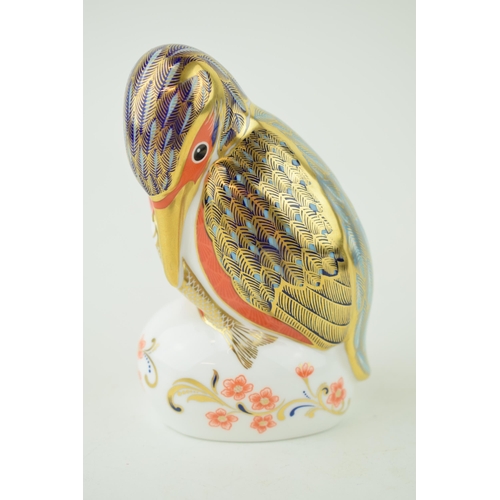 323 - Royal Crown Derby paperweight, Kingfisher, date mark for 1993 (LVI), gold stopper and red Royal Crow... 