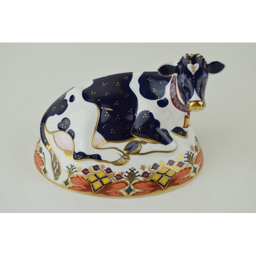 343 - Royal Crown Derby paperweight, Friesian Cow 'Buttercup', 21st anniversary heptagonal gold stopper an... 