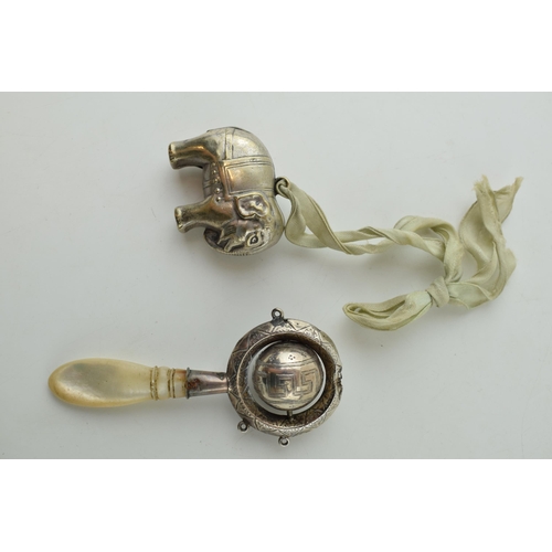 18 - A Mother of Pearl and white metal baby rattle with a plated elephant rattle (2).