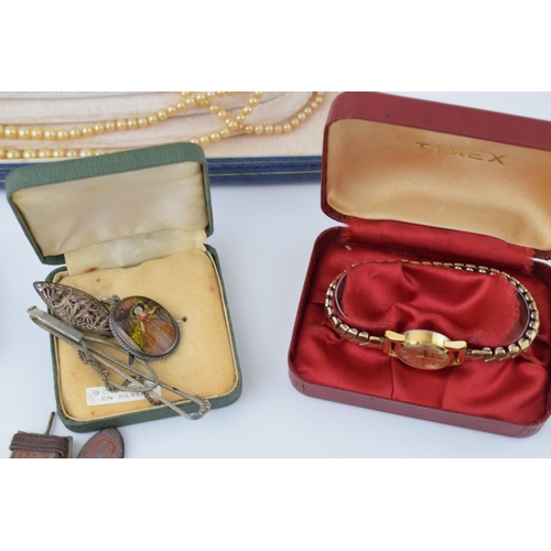 547 - A collection of vintage costume jewellery, silver items and vintage watches, cigarette case and ligh... 