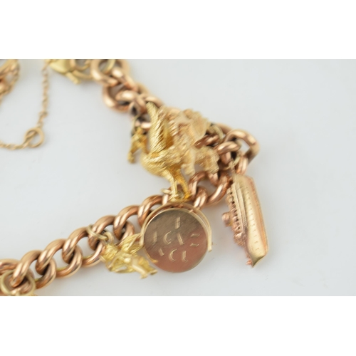 548 - A yellow gold charm bracelet. 15ct gold Victorian Albert chain with 14 individual 9ct yellow gold vi... 