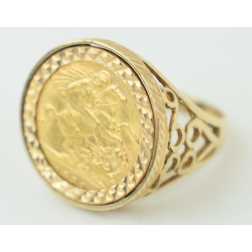 550 - Half Sovereign coin 1899, mounted in 9ct yellow gold ring. Ring size 'X-Y'. Weight 8.7 grams.