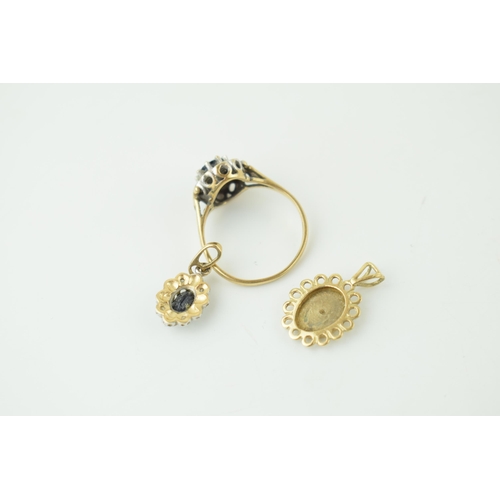 558 - A 9ct yellow gold dress ring, matching pendant together with yellow coloured metal pendant (testing ... 