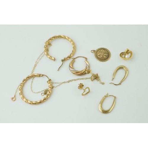 571 - 9ct gold jewellery to include a pair of heart shaped earrings, pendants, a chain and others, 6.0g.