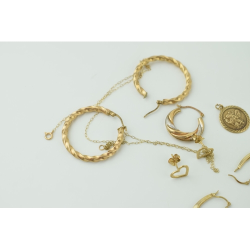 571 - 9ct gold jewellery to include a pair of heart shaped earrings, pendants, a chain and others, 6.0g.