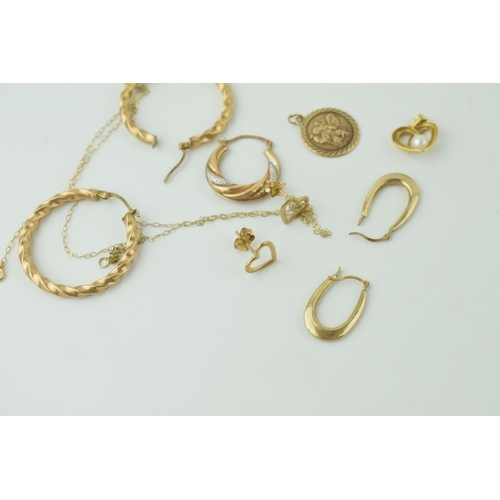 571 - 9ct gold jewellery to include a pair of heart shaped earrings, pendants, a chain and others, 6.0g.