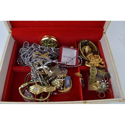 572 - Costume jewellery to include odd pieces of silver such as a silver fob, silver Wedgwood pendants, an... 