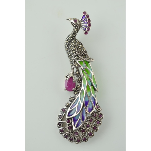 573 - A  contemporary sterling silver enamelled Art Nouveau style Peacock Brooch with inset stones. Height... 