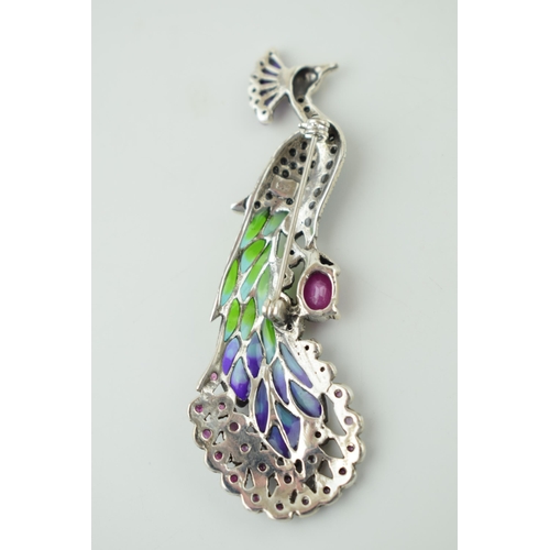 573 - A  contemporary sterling silver enamelled Art Nouveau style Peacock Brooch with inset stones. Height... 