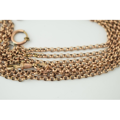 588 - A rose rolled gold longuard chain with working clasp, 147cm long.