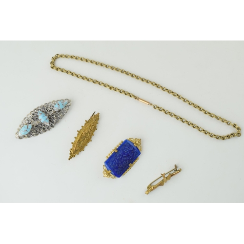 597 - Costume jewellery to include a gold plated chain and four brooches (5).