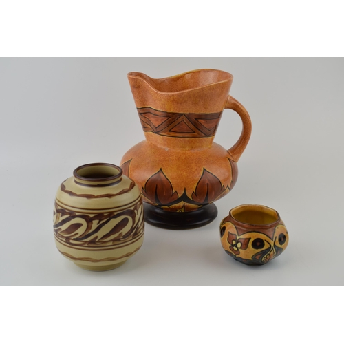 103 - Clewes and Co Chameleon ware large bulbous jug with a small vase, tallest 22cm with a Bullers studio... 