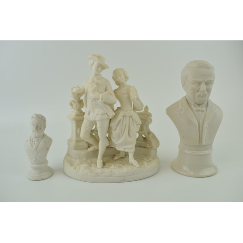 107 - A collection of Parian type pottery to include two busts, the smaller maybe Verdi and one other, wit... 