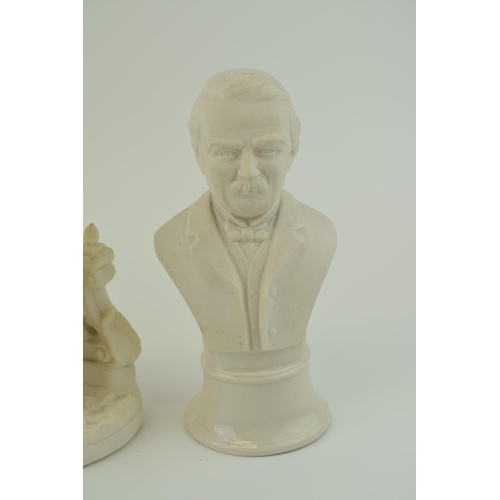 107 - A collection of Parian type pottery to include two busts, the smaller maybe Verdi and one other, wit... 