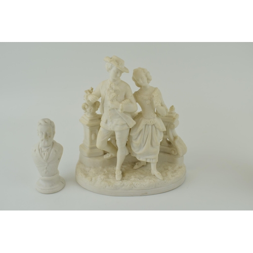 107 - A collection of Parian type pottery to include two busts, the smaller maybe Verdi and one other, wit... 