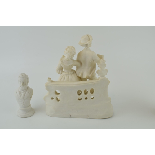 107 - A collection of Parian type pottery to include two busts, the smaller maybe Verdi and one other, wit... 