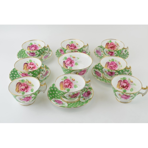 108 - An antique set of staffordshire pottery tea ware, decorated in pink rose colours, with green backgro... 