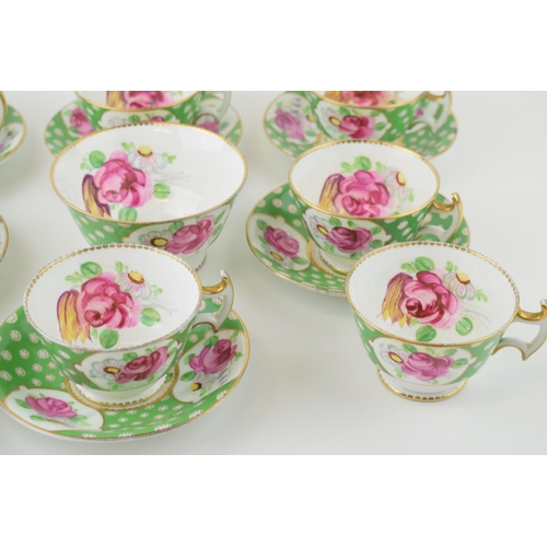 108 - An antique set of staffordshire pottery tea ware, decorated in pink rose colours, with green backgro... 