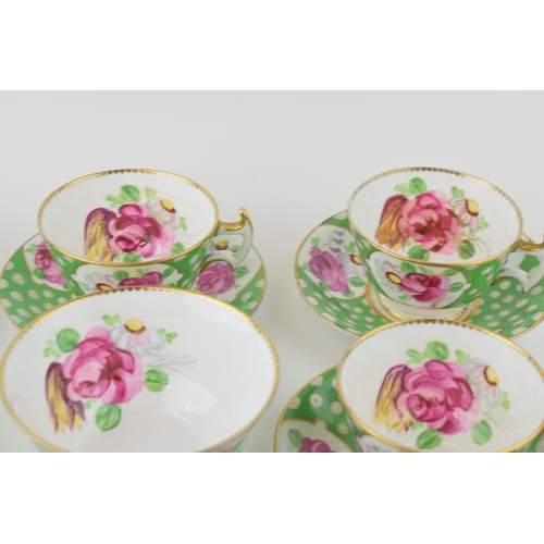 108 - An antique set of staffordshire pottery tea ware, decorated in pink rose colours, with green backgro... 