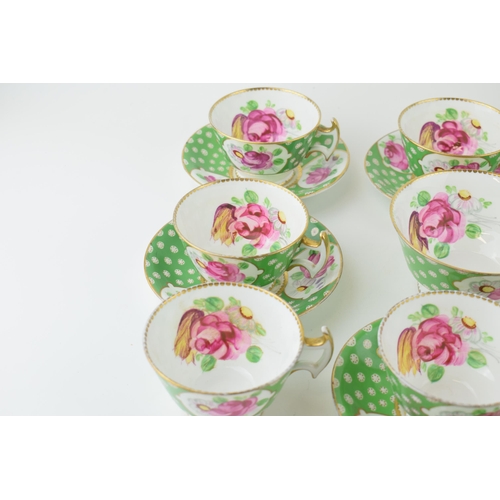 108 - An antique set of staffordshire pottery tea ware, decorated in pink rose colours, with green backgro... 