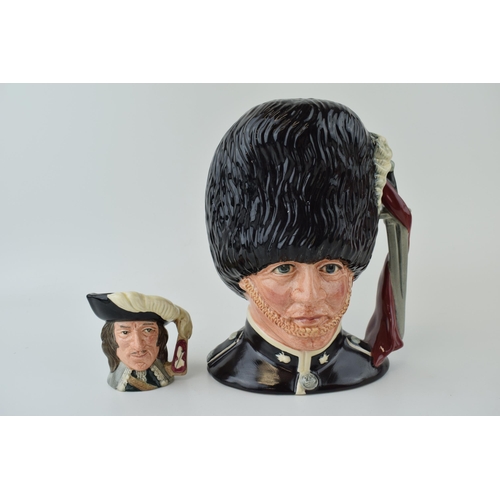 136 - A Royal Doulton miniature character jug D'artagnan D6765, with a large Guardsman in overpainted blac... 