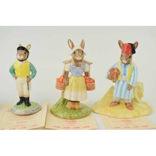 146 - Royal Doulton Bunnykins to include DB172 Welsh Lady, DB169 Jockey, DB274, Dutch, DB268 American Fire... 