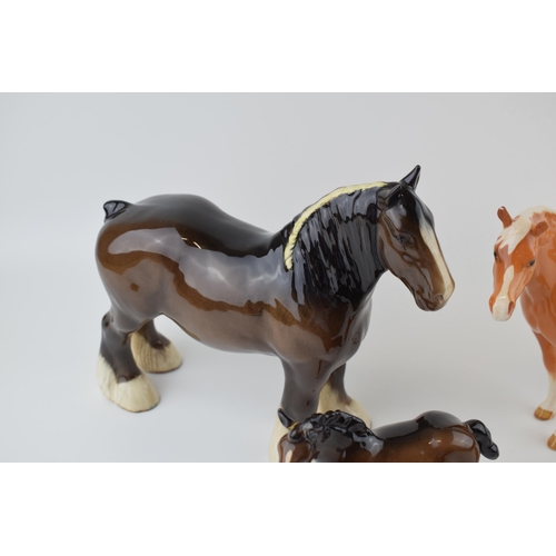 37 - Beswick to include a brown 818 shire horse, a large shire foal 953 (damaged ears), a palomino 915 an... 