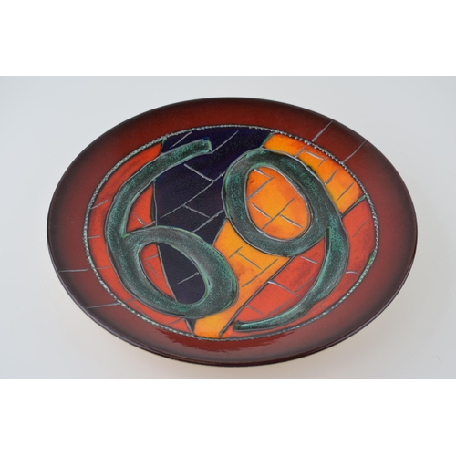 46 - Poole Pottery shallow bowl, signed by Anita Harris, 1/1, abstract design with the number '69', 26.5c... 