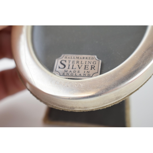 523 - Hallmarked silver oval photo frame, engraved 'Concorde', 11.5cm tall, Sheffield 1991, British Airway... 