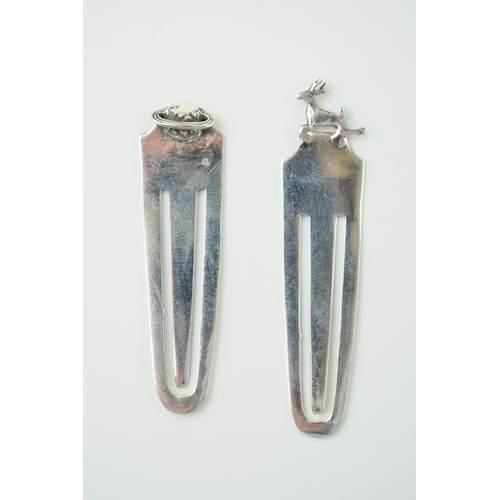 533 - A pair of silver contemporary bookmarks, one with leaping stag and another (2), 5cm tall.