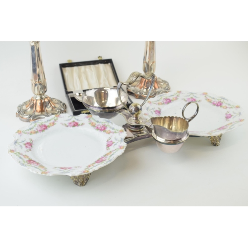 537 - Silver plated items to include a table centre piece / epergne with associated plates, a pair of cand... 