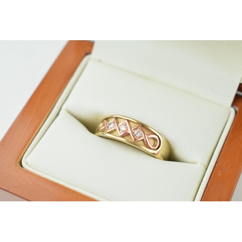 541 - 9ct gold ring, Clogau, set diamonds, ornate setting, boxed, size O/P, 4.9g.