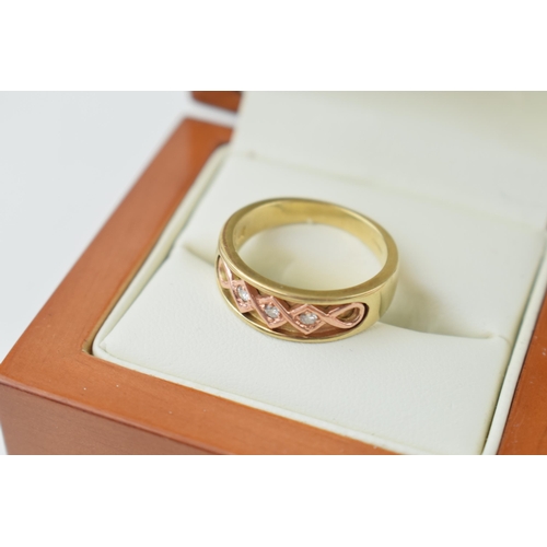 541 - 9ct gold ring, Clogau, set diamonds, ornate setting, boxed, size O/P, 4.9g.