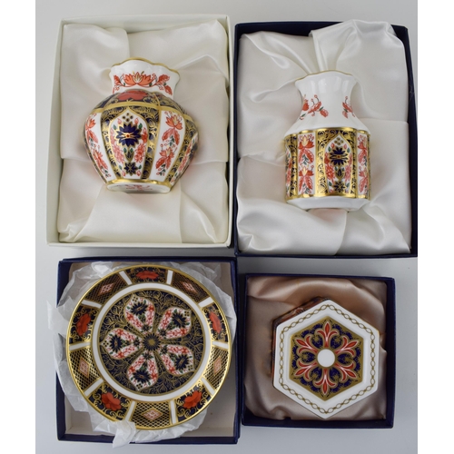 78 - Boxed Royal Crown Derby to include a 1128 Old Imari Viola Vase, an 1128 Primrose Vase, a 1297 trinke... 