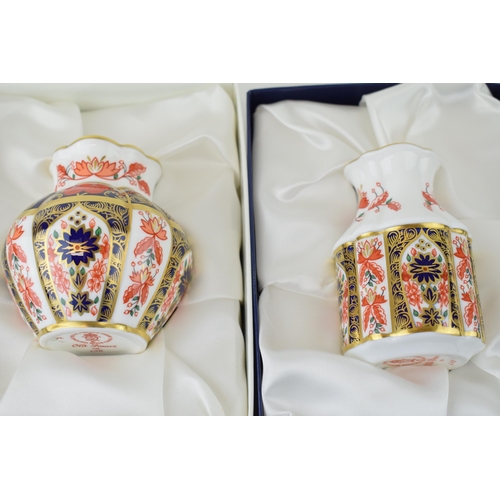 78 - Boxed Royal Crown Derby to include a 1128 Old Imari Viola Vase, an 1128 Primrose Vase, a 1297 trinke... 