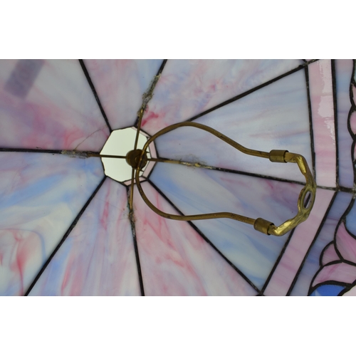 108 - Tiffany style large lamp shade in blue, pink and purple flowing colours, with lamp base fixture, 38c... 