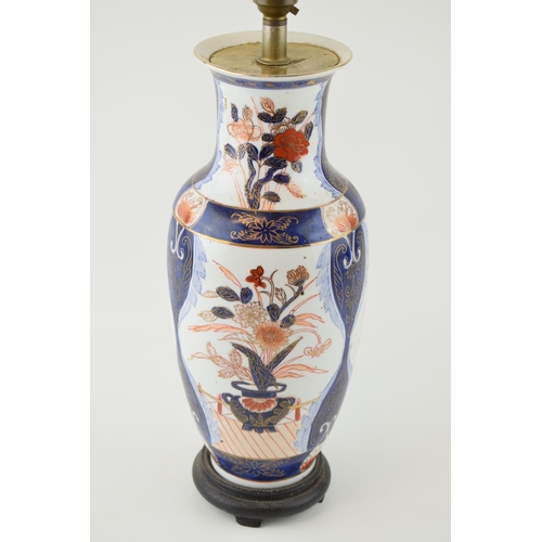 109 - Large 20th century oriental lamp base, with traditional Imari style scenes, 41cm tall.