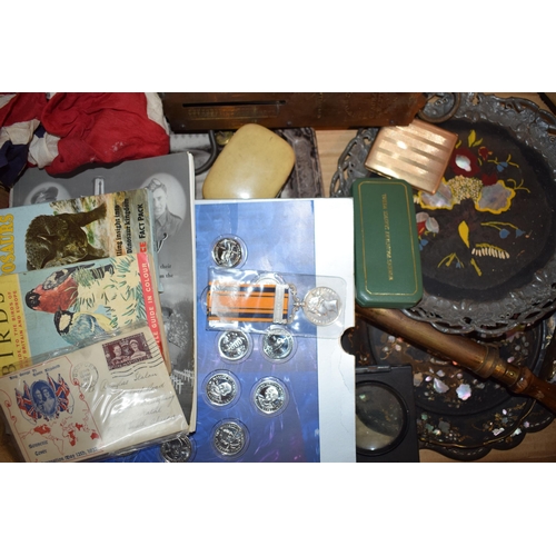 126 - A mixed collection of items to include books and epehemra, Union Jack / Flag, collectors coins, roll... 