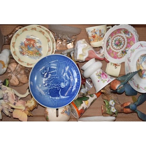 57 - Mixed pottery to include a Royal Copenhagen Christmas plate, Doulton Bunnykins, glass paperweights a... 