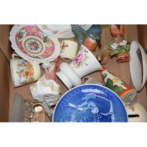 57 - Mixed pottery to include a Royal Copenhagen Christmas plate, Doulton Bunnykins, glass paperweights a... 