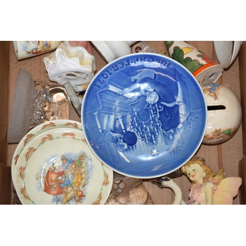 57 - Mixed pottery to include a Royal Copenhagen Christmas plate, Doulton Bunnykins, glass paperweights a... 