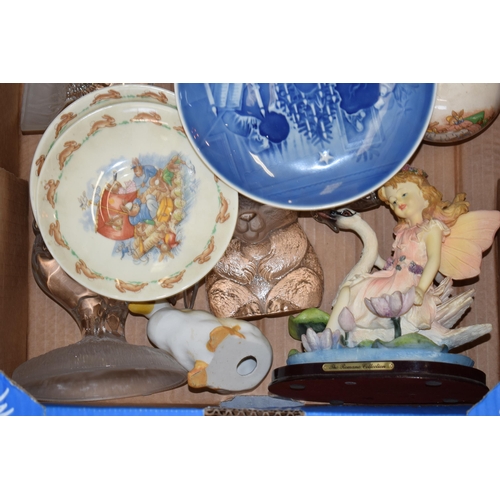 57 - Mixed pottery to include a Royal Copenhagen Christmas plate, Doulton Bunnykins, glass paperweights a... 