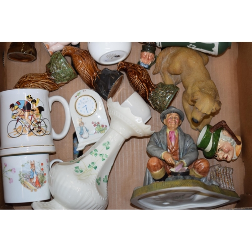 58 - Pottery to include a Royal Doulton figure (seconds), Beswick eagle decanters (empty), Belleek and ot... 