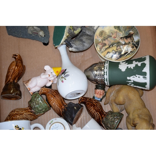 58 - Pottery to include a Royal Doulton figure (seconds), Beswick eagle decanters (empty), Belleek and ot... 